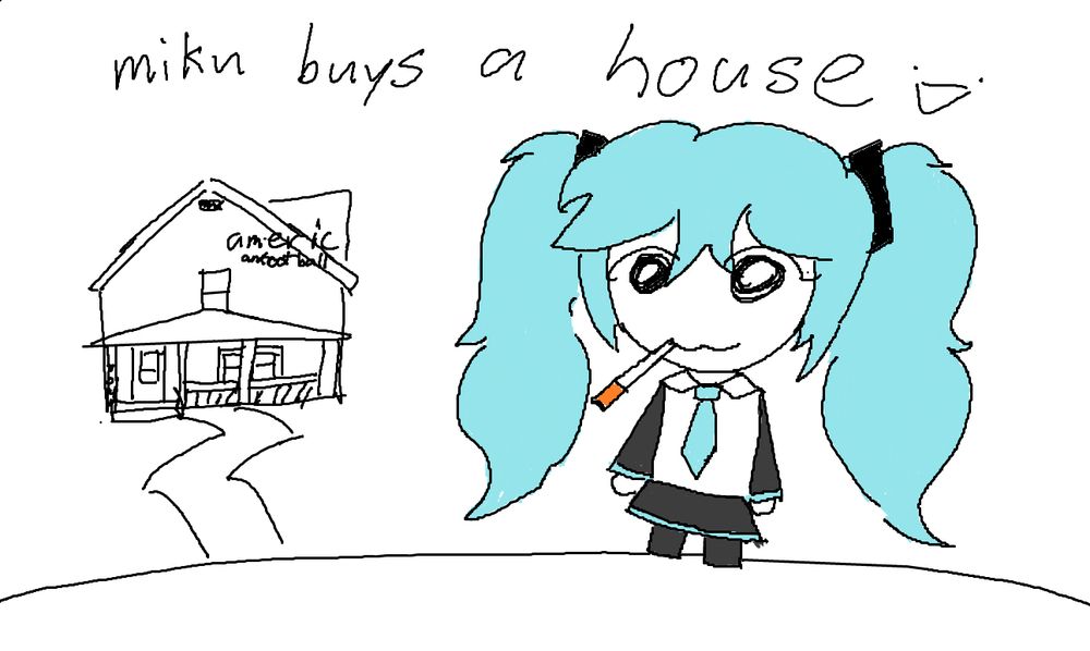 hatsune miku, pictured here on the right side, purchases a lovely home. the home is a nod to american football's self-titled debut album.