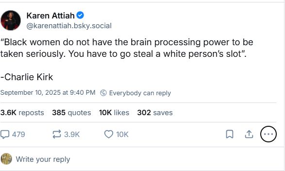 Quote from Charlie Kirk: "Black women do not have the brain processing power to be taken seriously. You have to go steal a white person's slot."