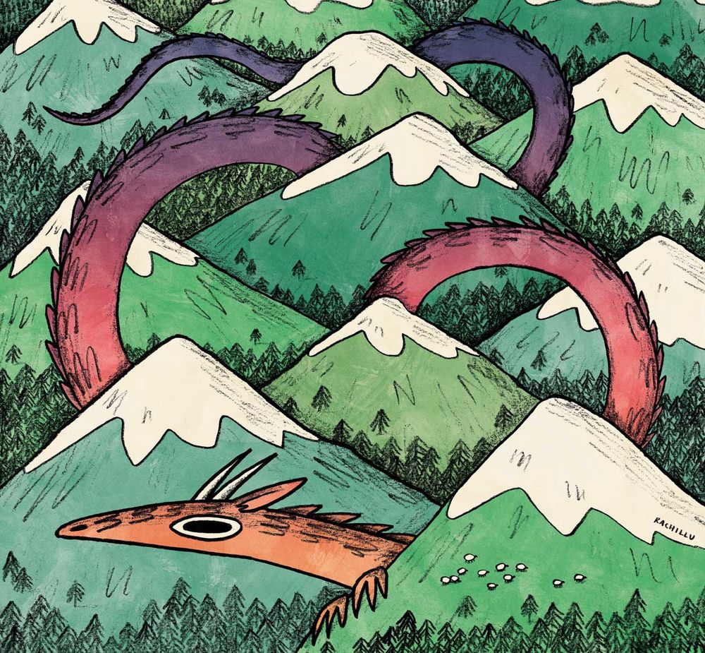 Illustration of a cute dragon peeking out from behind a snowy mountain and spooking a nearby flock of sheep. 