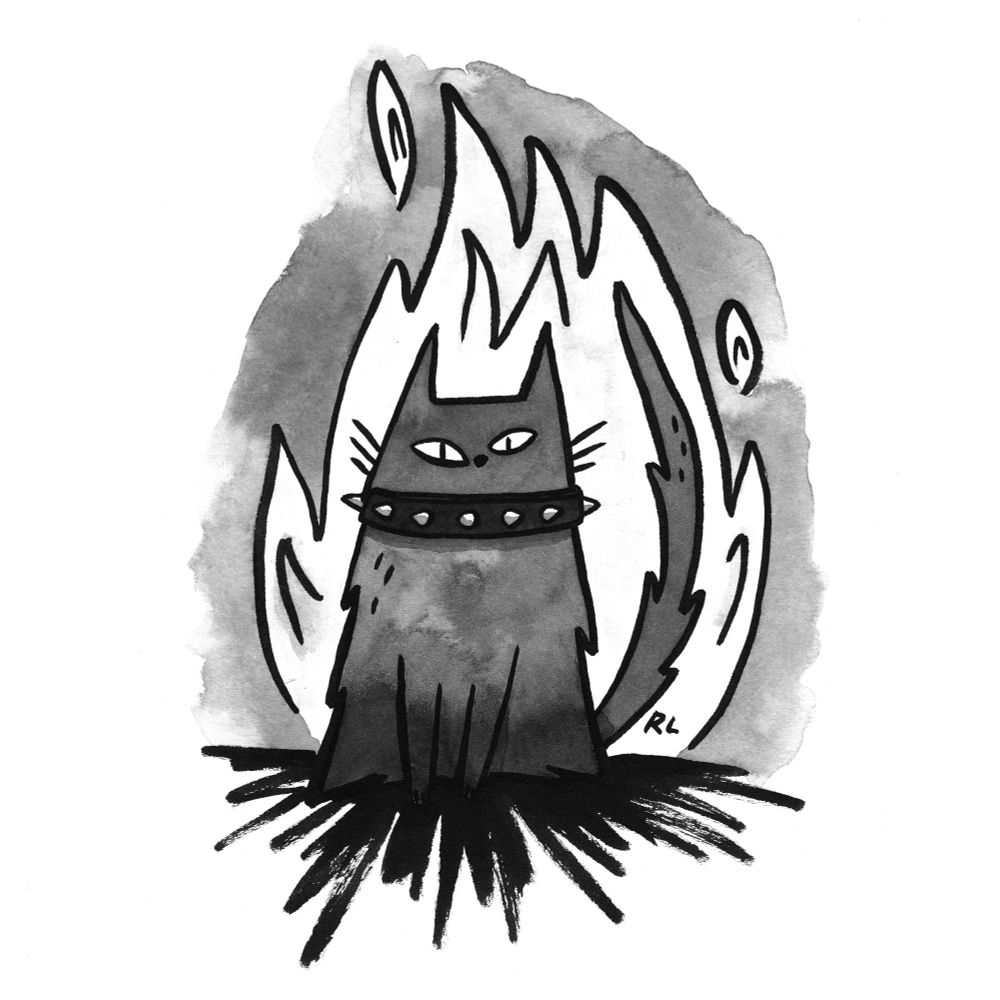 Ink illustration of a black cat wearing a spiked collar. It sits on scorched ground, probably a result of also being on fire. It looks nonchalant. 