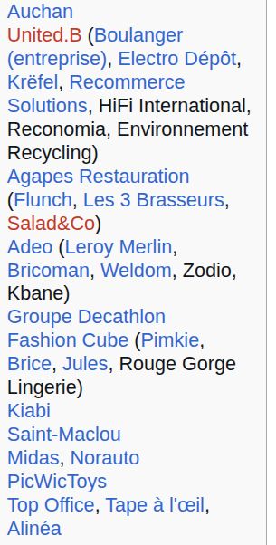 Voir toutes les filiales de https://fr.wikipedia.org/wiki/Association_familiale_Mulliez  
( décat, leroy Merlin, brice , jules, midas et une 10aine d'autre ...)
