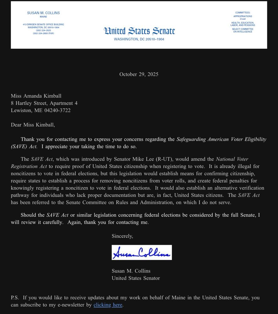 Screenshot of an email from the ever lame Susan Collins. 