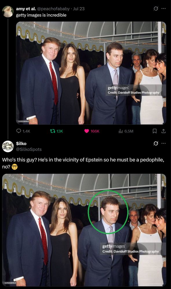 A post showing Donald Trump hanging out with his wife, epstein, maxwell, and prince andrew followed by the same pic with a circle around prince andrew by a Trump loyalist going "Oh, I guess THIS guy is a pedophile too?" with the utmost smugness possible

