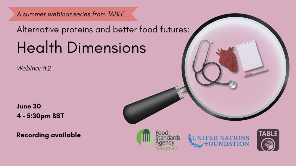 A flyer for the recording of the second webinar in a summer webinar series from TABLE called "Alternative proteins and better food futures". The second webinar is on 30 June from 4-5:30pm BST and focus on the health dimensions of alternative proteins.