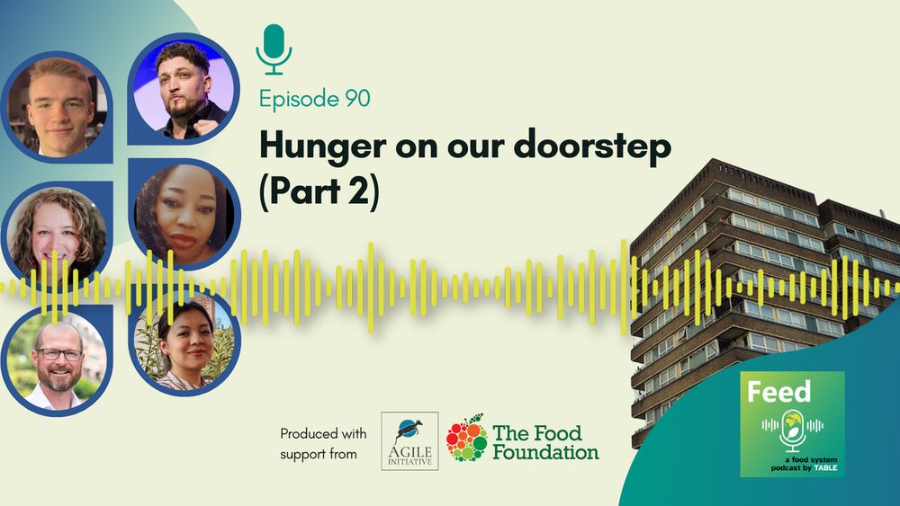 A flyer for the Feed podcast episode "Hunger on our doorstep (Part 2)", produced by TABLE and produced with support from the Agile Initiative and the Food Foundation, with photos of the podcast guests.