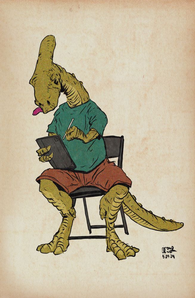 A drawing of a dinosaur sitting in a chair drawing on an iPad.