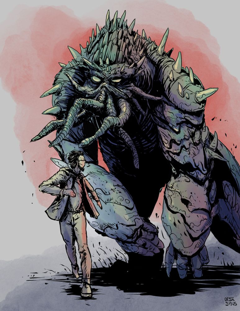 A Cthulhu ish swamp monster chasing a guy, digital watercolor.