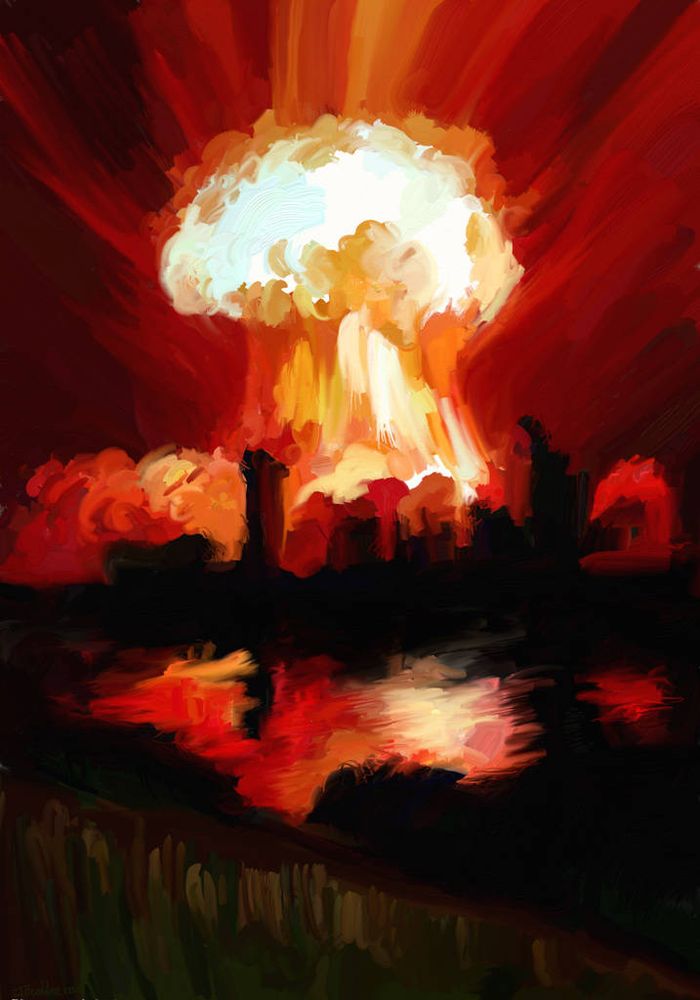 Digital painting of an atomic bomb vaporizing Boston.