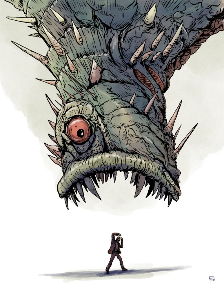 A giant monster about to eat a guy, digital watercolor.