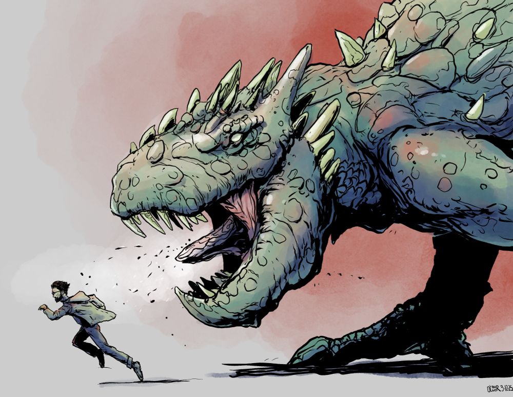 A giant monster chasing a guy, digital watercolor.