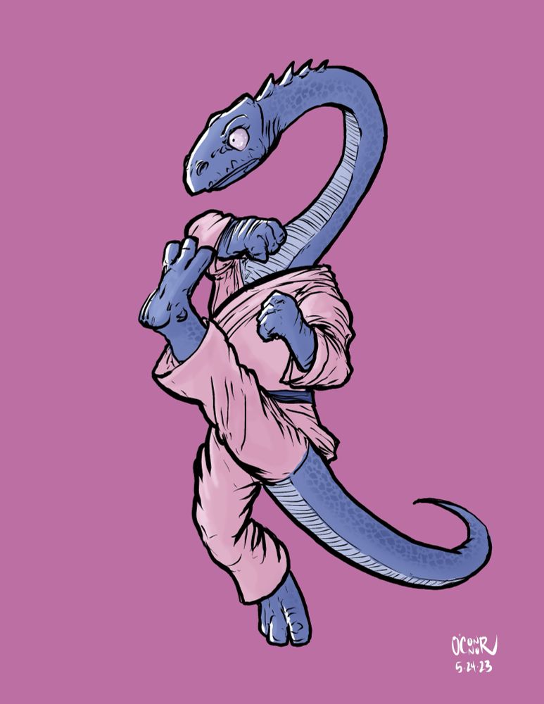 A dinosaur doing a jump kick.