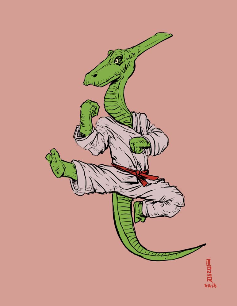 A dinosaur doing a flying kick!