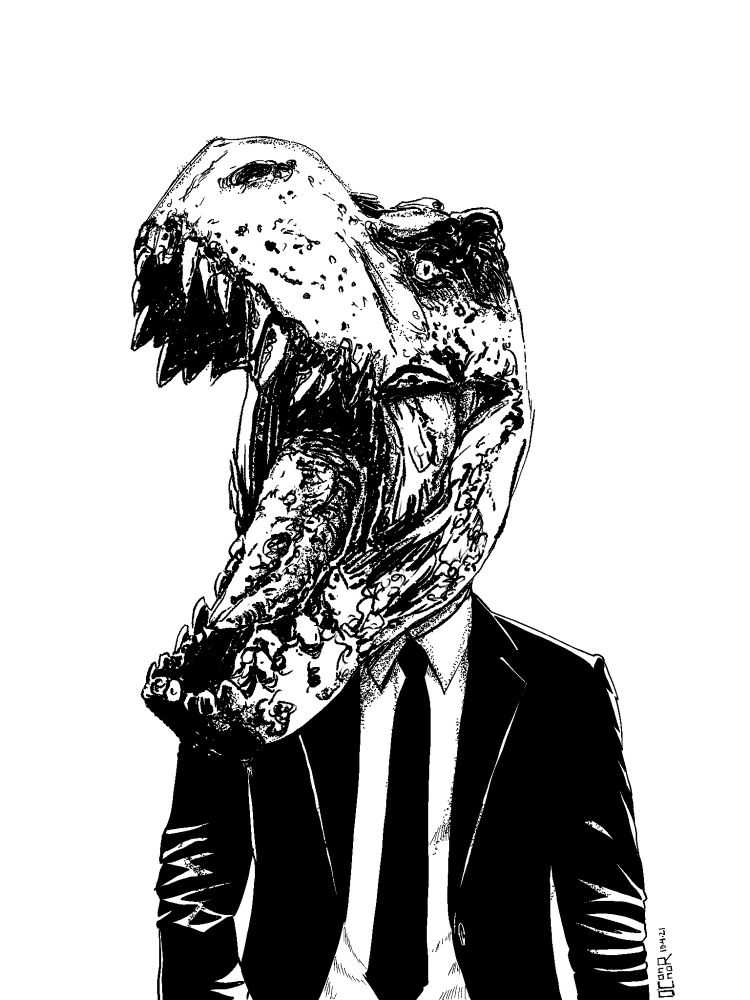 A black and white drawing of a guy in a business suit with a detailed Tyrannosaurus rex head.