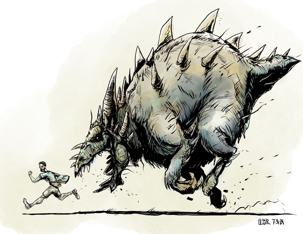 A monster chasing a guy, digital watercolor.