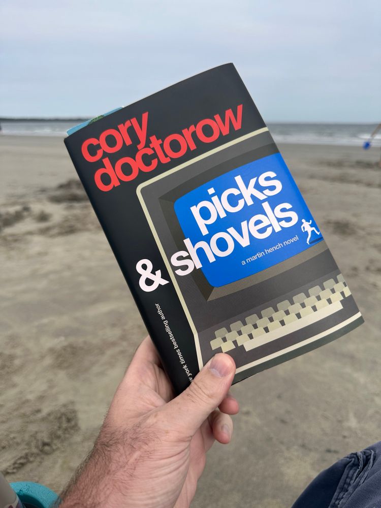 Picture of a hand holding the book “picks & shovels” by Cory Doctorow with a beach in the background.