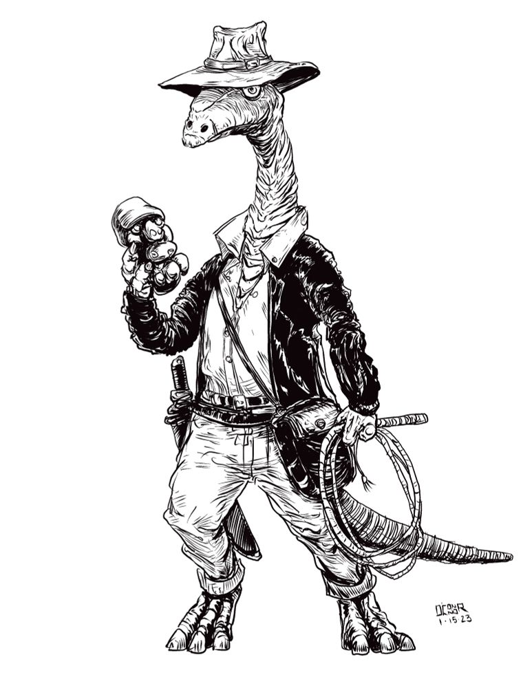 An Indiana Jones dinosaur drawing.