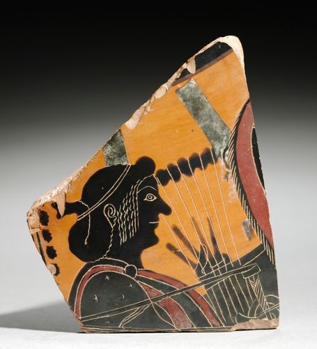 Fragment of a Painted Vase: Head of a Musician Playing a Lyre
