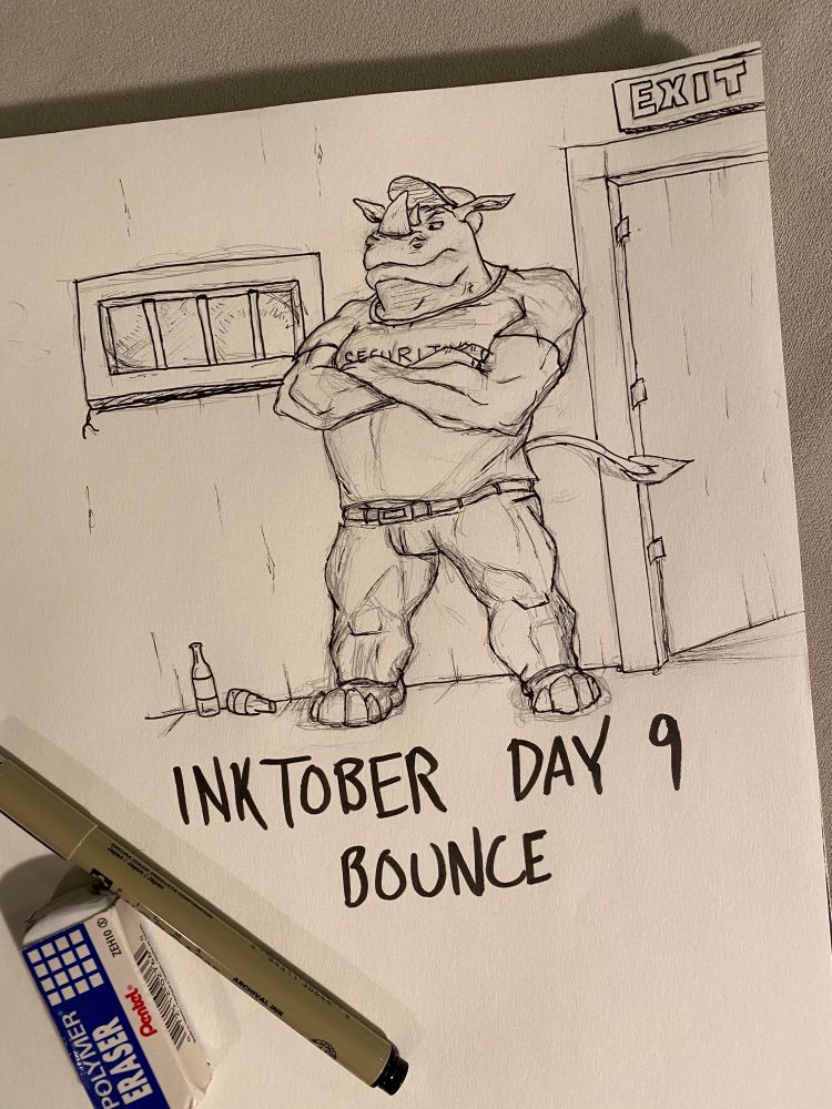 A sturdy anthro rhino is standing at the back entrance to a nightclub, ready to bounce anyone trying to sneak in.
