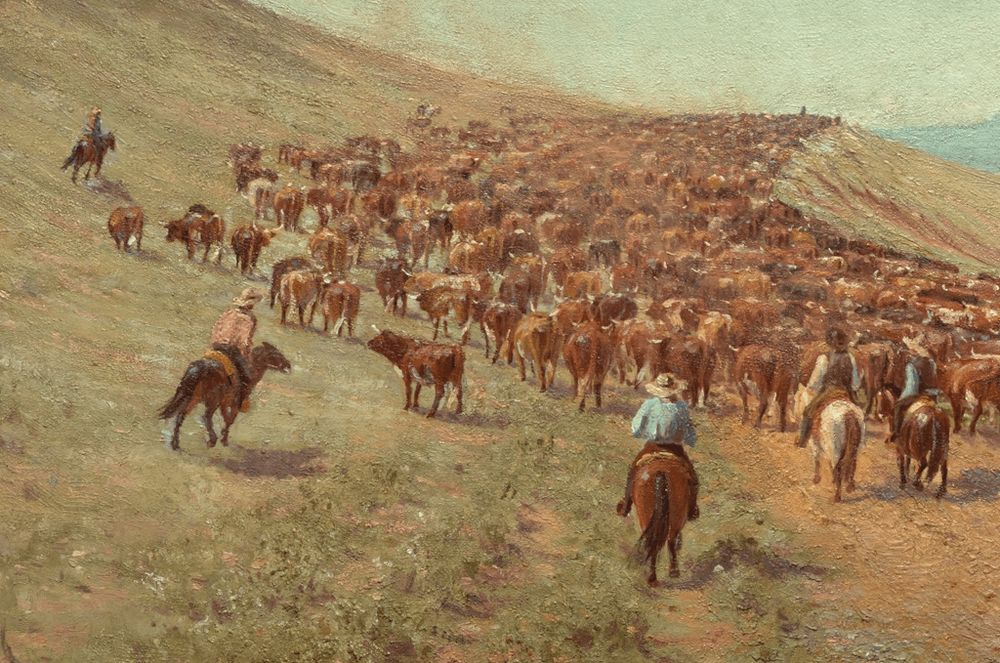 Painting of old west catle drive by artist Frank Reaugh.