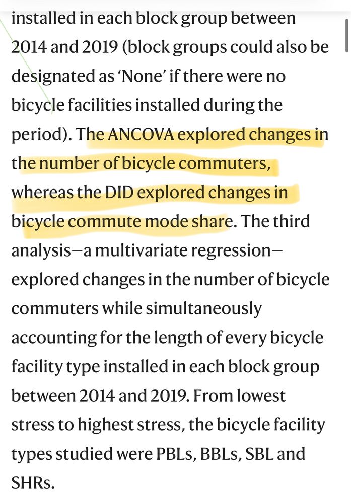 installed in each block group between 2014 and 2019 (block groups could also be designated as 'None' if there were no bicycle facilities installed during the period). The ANCOVA explored changes in the number of bicycle commuters,
whereas the DID explored changes in bicycle commute mode share. The third analysis-a multivariate regression-explored changes in the number of bicycle commuters while simultaneously
accounting for the length of every bicycle facility type installed in each block group between 2014 and 2019. From lowest stress to highest stress, the bicycle facility types studied were PBLs, BBLs, SBL and SHRs.