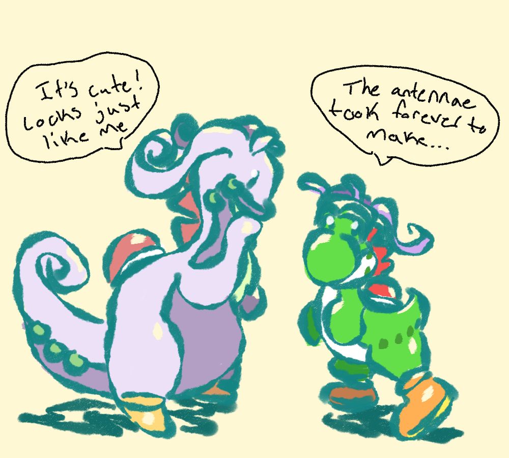 goodra and yoshi drawing. goodra is on the left facing yoshi, their hand up to their mouth, cosplaying as yoshi by having orange shoes on, a red shell, and red spikes on their back. meanwhile yoshi is looking back but facing goodra and is cosplaying as goodra by painting green dots on his legs and cheeks, as well has having purple antennae headband on his head. his arms are hanging down and his left leg is extended out. goodra is saying "it's cue! looks just like me" and yoshi is saying "the antennae took forever to make"