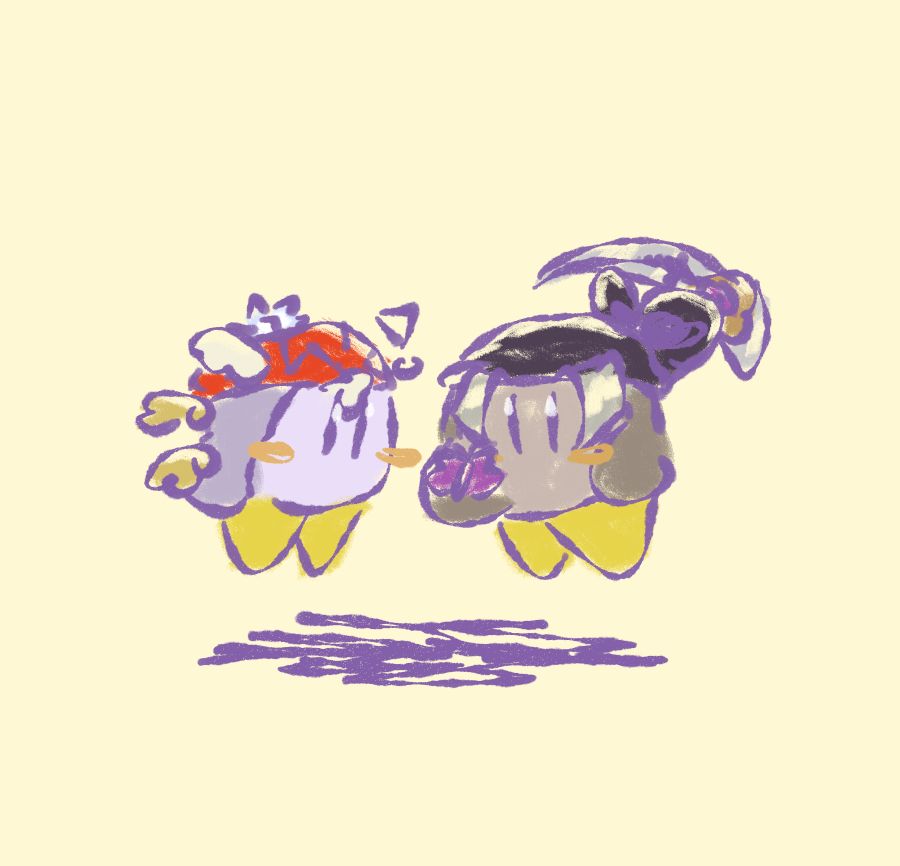 a digital art piece. its a cross over of hades game and kirby, with hypnos as astronomer waddle dee and thanatos as bandee. thanatos is showing hypnos a small purple butterfly