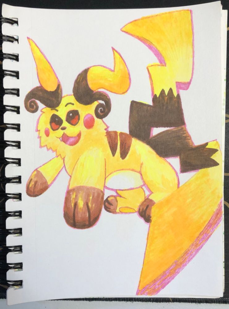 Pencil and marker drawing of a mega raichu x from Pokémon, with no background 
