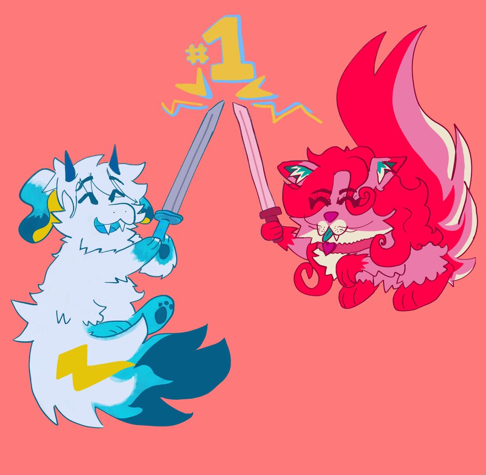 digital drawing of two animal characters banging their swords together cheerfully, with a yellow and blue "#1" on top.
the left character is a blue and white fluffy dragon, and the right character is a pink and red cat !