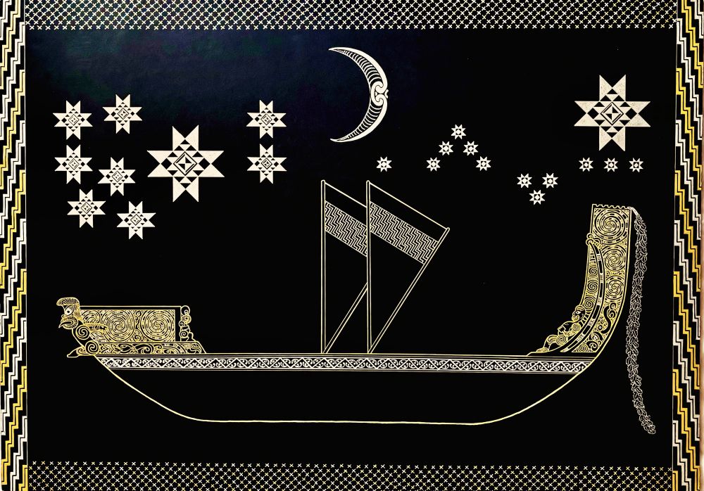 An artwork in gold and silver on a black background. The image shows an ornately carved Māori waka (canoe) with two sails. Attached to the stern of the waka is a silver feather streamer. Above the waka are a collection of stars in various sizes, and the moon in a waning crescent, all done in typical Māori art styles. The border around the artwork has two types of borders. On the top and bottom are small Xs in gold and silver representing stars (in te reo Māori this pattern is called purapura whetū, meaning “star seeds”). On the bottom are stepped zigzags alternating in gold, silver, and black (this pattern is called poutama, or “stairway to heaven”)