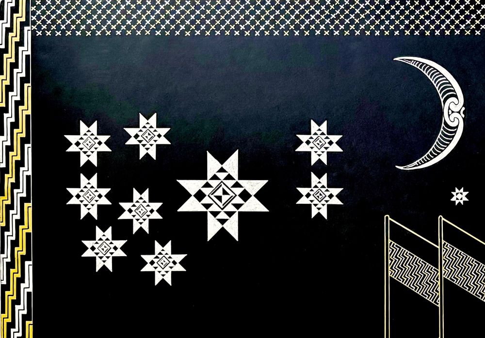 Close up of the artwork, featuring the nine stars of Matariki (the Pleiades), and the moon in a waning crescent. The top border are alternating gold and silver Xs in a purapura whetū (“star seeds”) pattern, the border on the left is a stepped gold, black, and sliver pattern called poutama (“stairway to heaven”)