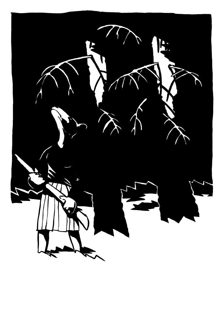 A deerheaded person in a skirt with a firearm in front of two conifer trees, looking up