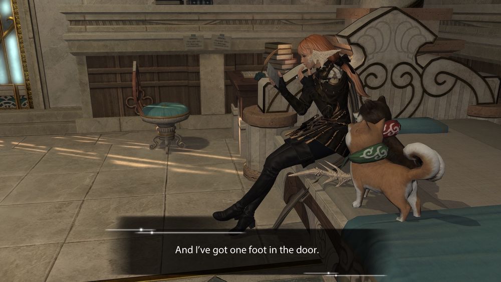 Airi sits on the edge of a bed in at the inn of the Baldesion annex. A letter from her husband is in her hand and their dogs sit at her side. Her husband and co-WOL Chaland has taken it upon himself to decide this mission is too dangerous and only he should go in case things go sour. He lied to her about what time the ship was to leave and left his wife behind.