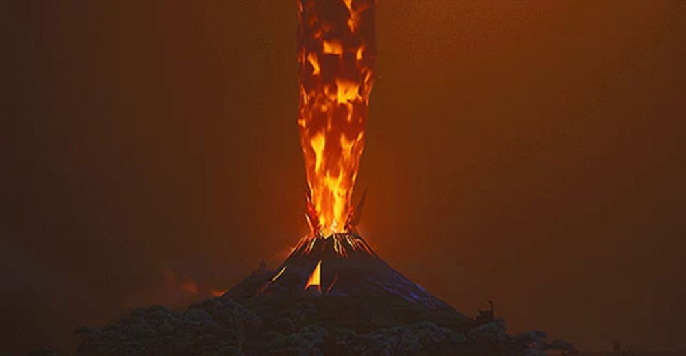 a volcano with flames coming out of it 's mouth