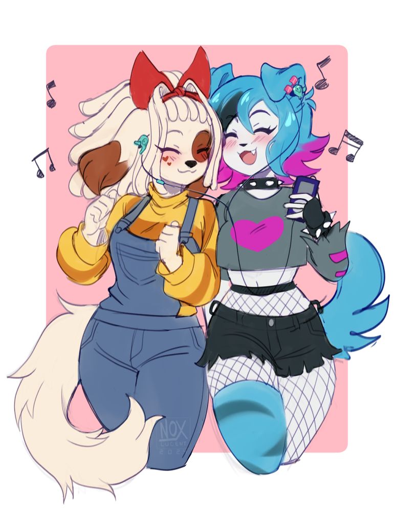 Anthro dog girls listening to music together happily. They are sharing earpbuds. 