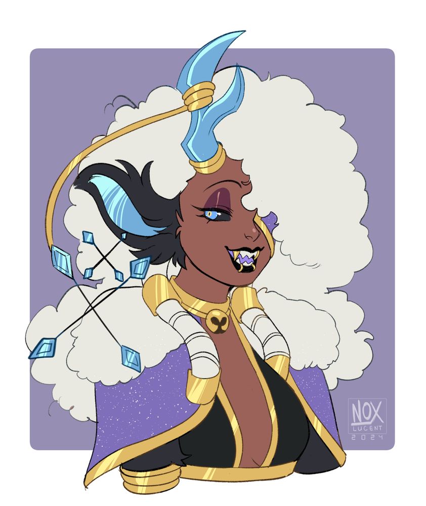 black monster girl with white puffy hair 