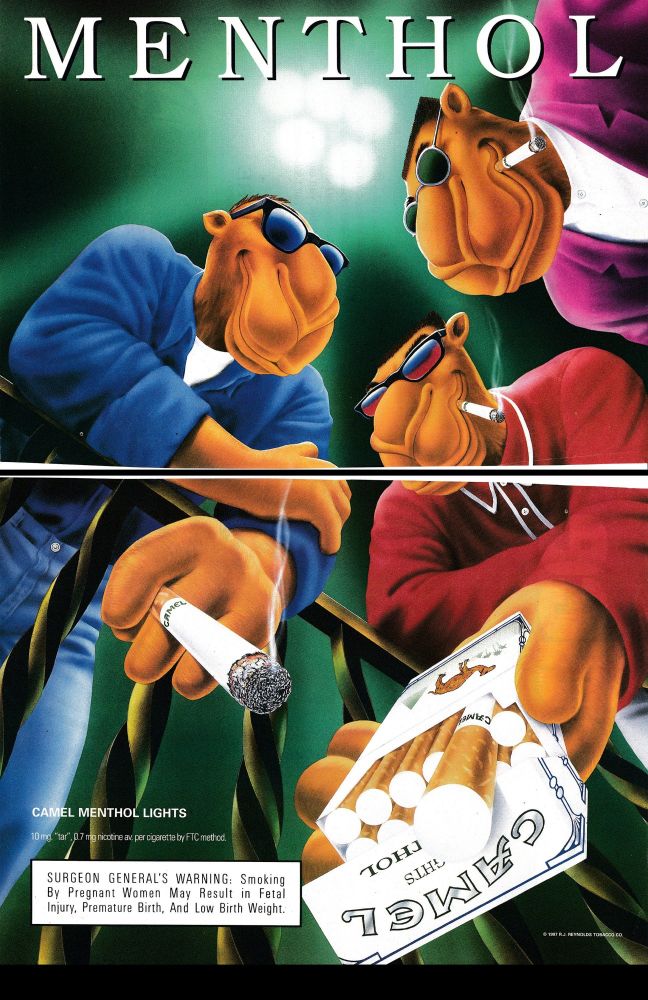 Three adult  camels offering smokes to a small adult camel.  Short kings need smokes too 
