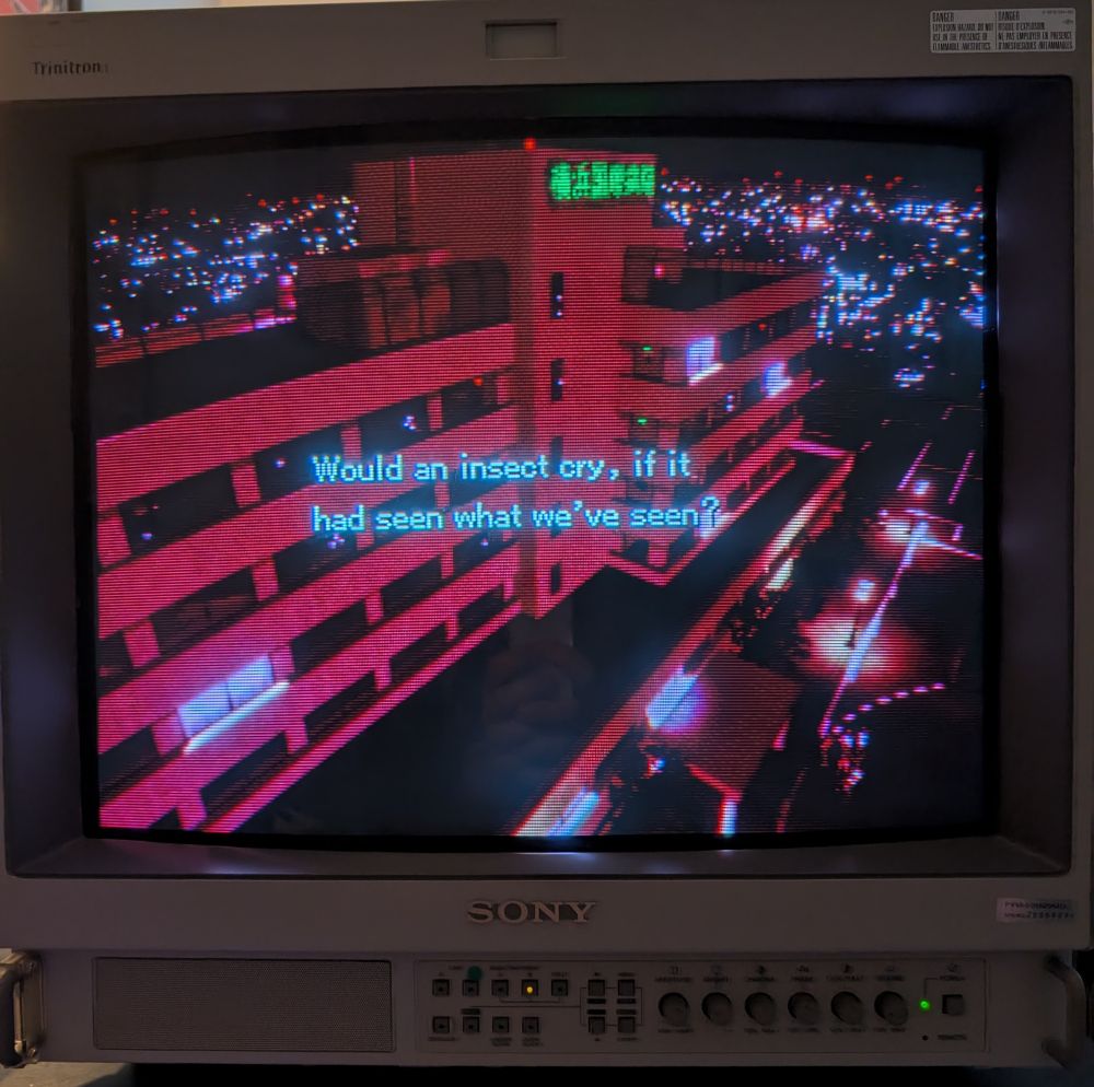 Screenshot from Racing Lagoon that says " and our an insect cry, if it had been what we've seen?" Overtop a hospital shot 
