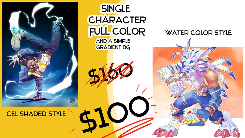 Single character commissions in a water color or cel shaded style are just $100