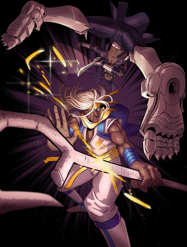 Omega, the embodiment of darkness attacks Alpha the embodiment of light in the darkness,the strike illuminates the darkness by creating sparks. Alpha looks back at omega as he flies overhead. 