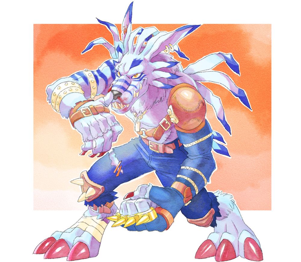 Weregarurumon looks like he's losing a bar fight