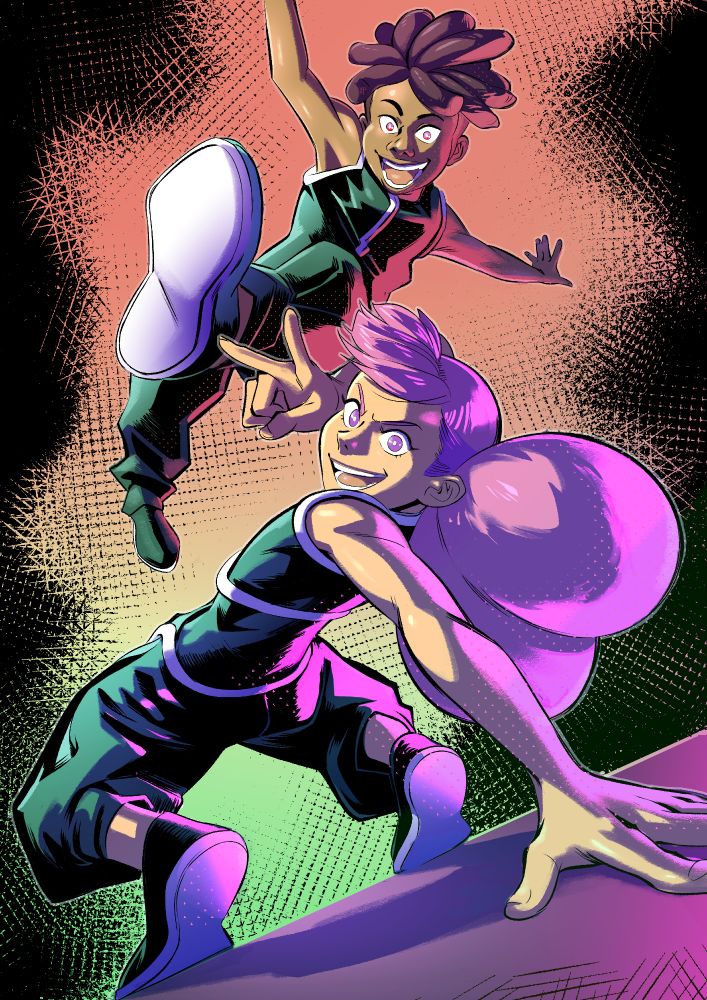 Two kids in their martial arts gear pose for the camera. A girl bends backwards and gives the peace sign, she looks kind of like a breakdancer. The boy jumps over her in a stylish fashion. The two are as in sync as they are talented. 