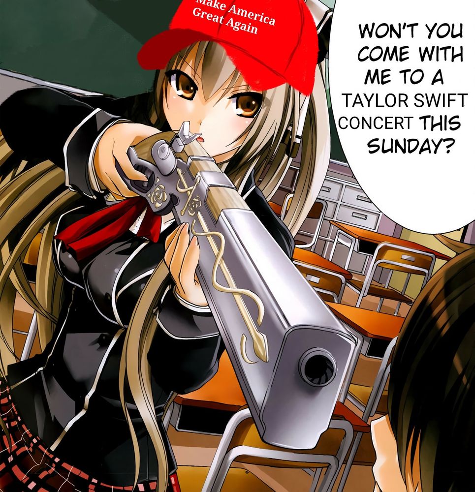 Manipulated manga panel from Amagi Brilliant Park in which Isuzu Sento asks Seiya Kanie on a date, while holding him at gunpoint. Image altered to show Sento wearing a MAGA hat while asking Kanie to a Taylor Swift concert.