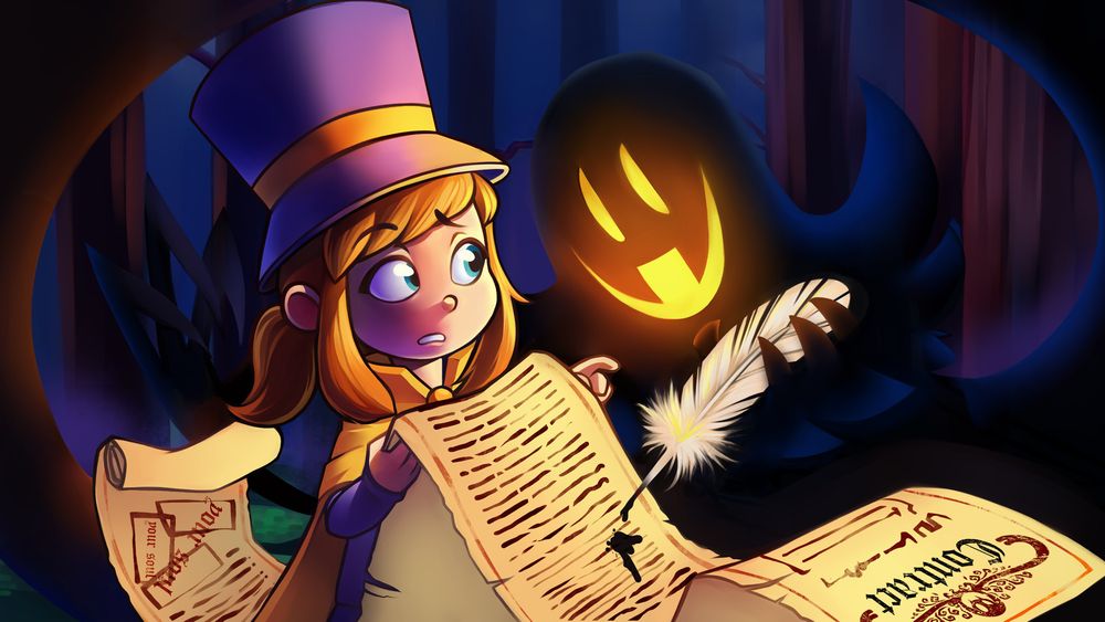Art from A Hat In Time. The Main character Hat kid is reading a contract that another character, The Snatcher, is trying to persuade her to sign.