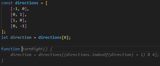 Copilot providing a function to "turn right", only knowing that I have a set of directions to use in a 2d array