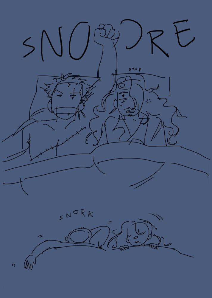a loud snore wakes sanji up. turns out that was just a bad dream. he's 40, sharing a bed with zoro, and wearing one of zoro's earrings. zoro lets out a snort and shuffles in his sleep. sanji, still shaken, turns to face him.