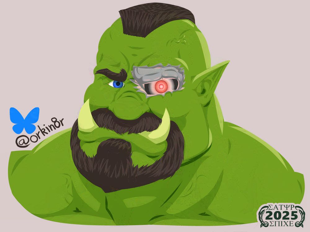 A head and shoulder image of a heavily muscular or with green skin, brown hair and a mohawk. His left eye has been torn off, revealing the cybernetic skeleton beneath his exterior