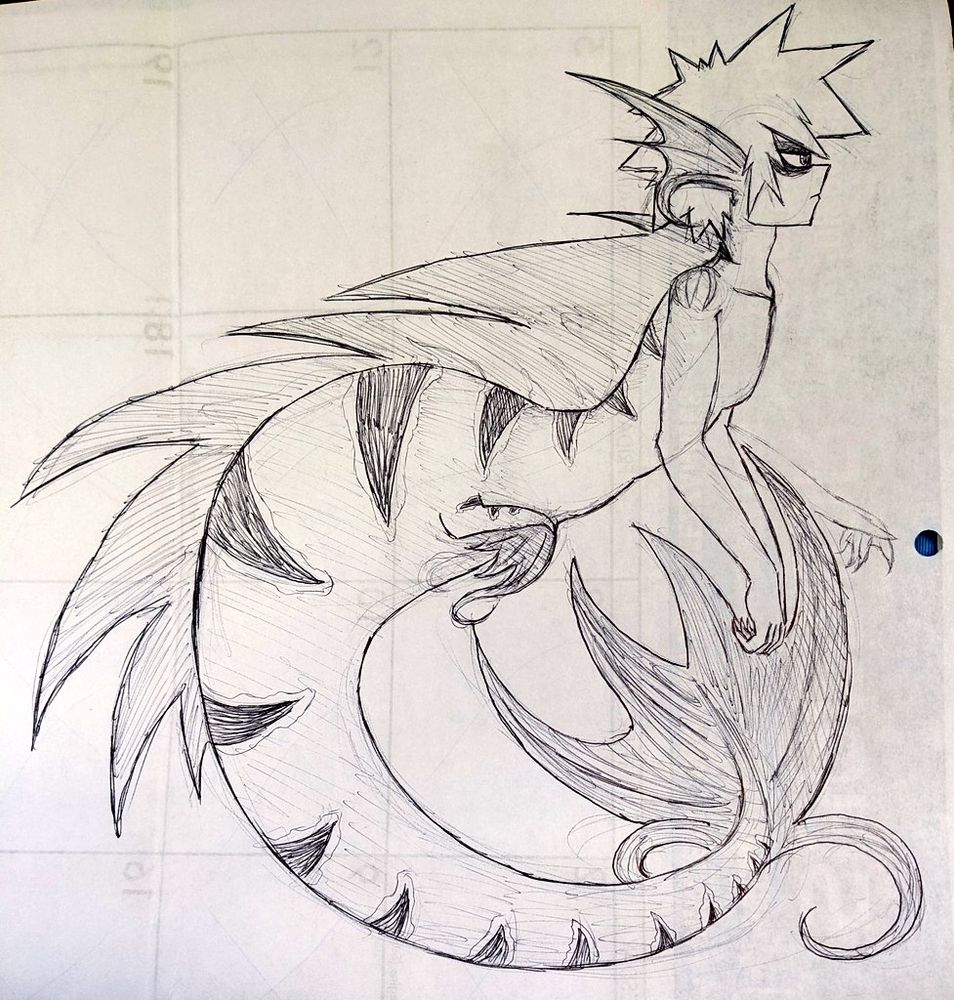 A quick pen drawing of Bakugou Katsuki from MHA as a merman. He has large ear, tail, and dorsal fins. His body and tail have stripes, and he's wearing a plain look on his face.