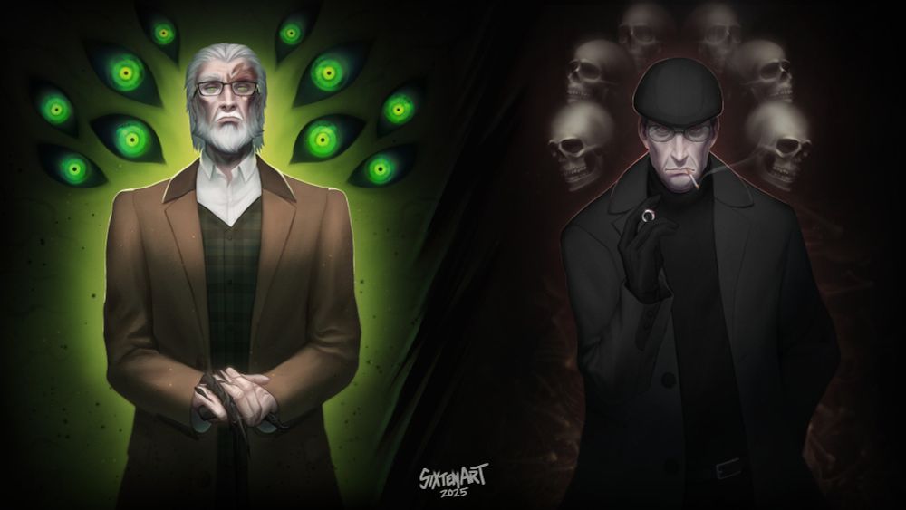 Two older men looking at each other, the image being split in the middle. The man on the left is Isaac Smith, also known as Pestilence. He is looking down at the viewer with growing green eyes. His hands rest on a cane with black, jagged bone replacing his right hand ring finger. Behind his is a green glow and 10 glowing green eyes, all staring at the viewer. On the right is Norman Bones dressed in all black. He is looking up at the viewer with red glowing eyes while smoking a cigarette. In his right hand he holds a ring with red gemstones. Behind him in the dark is a pile of bones and six skulls surrounding his head.