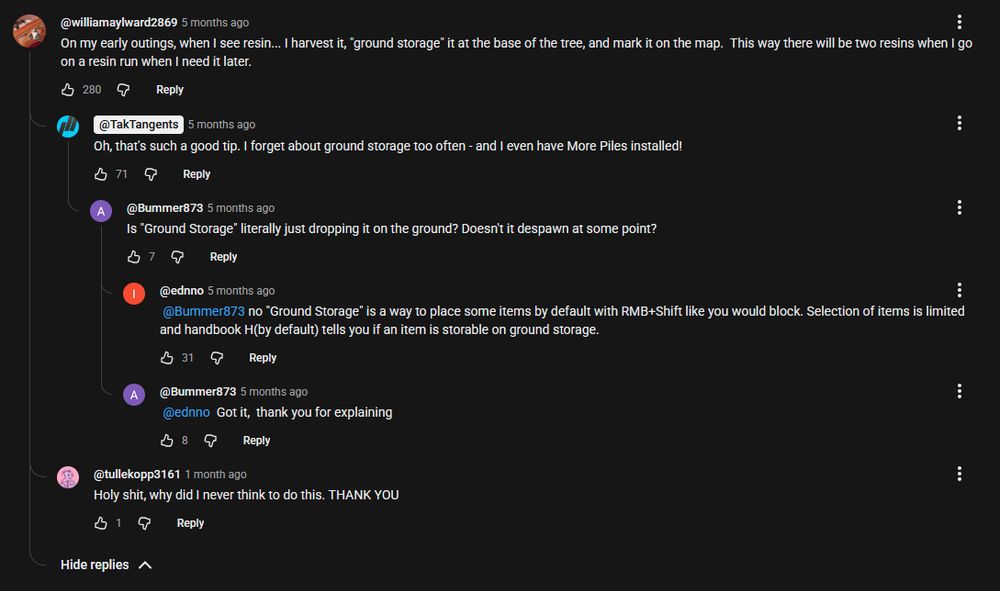 Image shows a comment thread on YouTube in a tree format, similar to how threads on reddit are structured. Comments are taken from a video on TakTangents, and the thread is discussing techniques for dealing with limited inventory during the earlygame portions of Vintage Story as it pertains to harvesting tree resin.