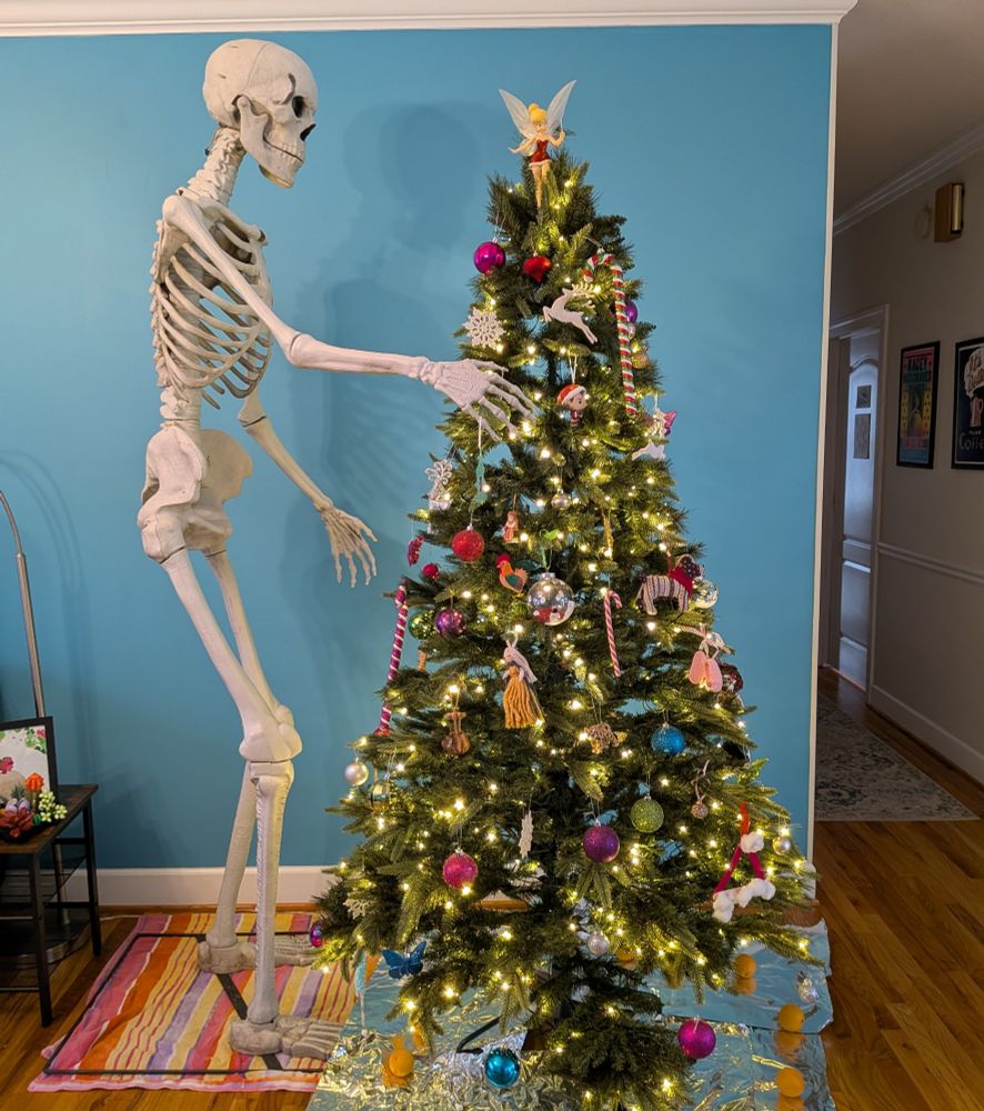  An eight-foot skeleton with its arms outstretched around a seven-foot Christmas tree with lights and ornaments on it 